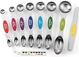 Spring Chef Stainless Steel Magnetic Measuring Spoons Set with Strong Magnets, Heavy Duty Metal Kitchen Essentials - Fits in Most Kitchen Spice Jars, Multicolor, Set of 8 with Leveler