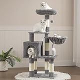 Heybly Cat Tree with Toy, Cat Tower Condo for Indoor Cats, Cat House with Padded Plush Perch, Cozy Hammock and Sisal Scratching Posts, Light Gray HCT004SW