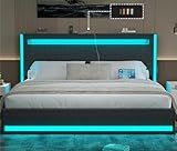 CSZZD King Size Bed Frame and Adjustable Headboard, Light up King Size Platform Bed Frame with Type-C & USB Charging Station, LED Upholstered Metal Bed Frame King Size, No Box Spring Needed, Dark Grey