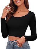 Long Sleeve Crop Tops for Women Scroop Neck Lightweight Basic Base Layer Soft Thermal Undershirts Shirts (Black Medium)