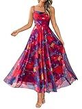 BTFBM Women Summer Floral Maxi Dresses Elegant Spaghetti Strap Dress Printed Party Dress Beach Long Dresses(Floral Navy Red Flower,Large)