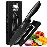 Home Hero 2 Pcs Santoku Knife with Sheath - High Carbon Stainless Steel Chopping Knife with Ergonomic Handle - Razor-Sharp Multi-Purpose Kitchen Knife for Chopping Vegetable and Cooking (Black)