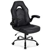 DUMOS Ergonomic Computer Gaming Chair - Home Office Desk with PU Leather Lumbar Support, Height Adjustable Big and Tall Video Game with Flip-up Armrest, Swivel Wheels for Adults, Black