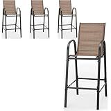 HOMREST Outdoor Bar Height Stools Set of 4,High Back Patio Chairs with Armrests,Textilene Chairs with Breathable Fabric & Metal Frame for All Weather,Brown