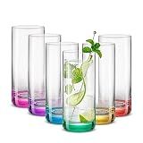 JoyJolt Hue Highball Glasses Set of 6 Tall Drinking Glasses, 13oz Bourbon Whiskey Glass Cups Set, Mojito Glass Tumbler also for Tom Collins Cocktail or Water, Colored Glassware Sets