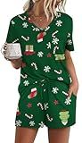 RUBZOOF Christmas Pajamas for Women Shorts Set Christmas Tree Print Casual Soft V Neck 2 Piece Lounge Sets Outfits Pjs XL