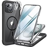 Miracase Glass Series for iPhone 15 Case [Compatible with MagSafe] Full-Body Magnetic Bumper Case with Built-in 9H Tempered Glass Anti-Fingerprint Screen Protector + Camera Lens Protector, Black