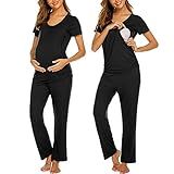 Ekouaer Women's Maternity Nursing Pajamas Cotton Sleepwear Set Soft Pregnancy Breastfeeding PJ Set Black M