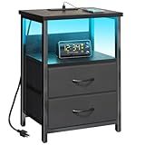 Fixwal Night Stand with Charging Station, LED Nightstand with U-S-B Ports and Outlets for Small Spaces, 2 Fabric Storage Drawers, Bedside Table End Tables Bedroom Decor, Modern Black