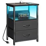 Fixwal Night Stand with Charging Station, LED Nightstand with U-S-B Ports and Outlets for Small Spaces, 2 Fabric Storage Drawers, Bedside Table End Tables Bedroom Decor, Modern Black