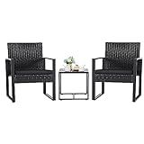 Flamaker 3 Pieces Outdoor Patio Wicker Furniture Set, Modern Rattan Chair Conversation Sets with Coffee Table for Yard and Bistro (Black)