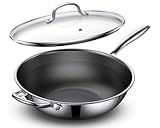 13" Hybrid Nonstick Stainless Steel Wok with Glass Lid, Laser-Textured Wok Pan, PFOA-Free Woks & Stir-Fry Pans, Oven & Dishwasher safe, Induction Ready, Compatible for Gas Electric Glass Cooktops