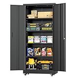 INTERGREAT Metal Storage Cabinet with Wheels, 73" H Rolling Metal Cabinets with Doors and Shelves, Black Steel Lockable Cabinet on Wheels for Garage Storage