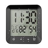 Yariaii Waterproof Shower Clock, Digital Bathroom Kitchen Wall Clock Timer with Temperature, Touch Screen, Suction, Hanging Hole, Battery Operated, Black