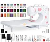 Portable Sewing Machine for Beginners, Small Easy to Use with 12 Built in Stitches, Reverse Stitching, Extension Table, LED Light, 32 Color Thread Kit for Home Mending, Crafts, Kids and Adults, Pink