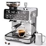 PULZO Espresso Machine with Grinder, 20 Bar Professional Coffee Machine with Milk Frother Steam Wand, All-in-One Stainless Steel Coffee Maker to Make Latte, Cappuccino, 67oz Detachable Water Tank