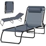 Outsunny Folding Chaise Lounge Chair, Patio Sun Tanning Chair, Outdoor Chaise Lounger with 4-Position Reclining Back, Breathable Mesh Seat for Beach, Poolside, Yard, Gray