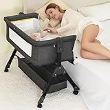 Baby Bassinet, Bedside Bassinet for Baby, 3 in 1 Bassinet Bedside Sleeper with Wheels, Mosquito Net, Adjustable Easy Folding Portable Bed for Infant Newborn (Dark Grey)