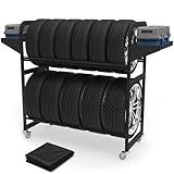 Neorexon Tire Storage Rack 57" x 55.1" x 20" w/Anti-dust Cover, Adjustable Rolling Tire Rack for Garage Black w/4 Swivel Casters & 2 Storage Shelf for Garage Storage