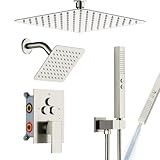 Shower Faucet Set Shower System - EMBATHER Brushed Nickel Push Button Diverter Dual Shower Faucet Valve Kit with Rain Ceiling Mount 10 Inch Shower Head 6 Inch Wall Mount, 2 in 1 Handheld for Couple