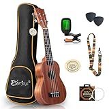 Everjoys Mahogany Soprano Ukulele Starter Kit - Professional 21 inch w/Case Strap Tuner Aquila Strings Pick (Natural Mahogany)