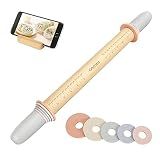Geesta Adjustable Wood Rolling Pin with 5 Thickness Rings, Precise Dough Roller Handle Press Design with Measurement Guide for Fondant, Pizza, Pie Crust, Cookie, Pastry Baking Decorating Accessories