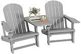 Shintenchi Adirondack Chairs Set of 2,HDPE Adirondack Chairs w/Removable Tablelop & Umbrella Hole,All-Weather Wooden Textured Plastic Outdoor Chairs w/Cup Holders for Garden Backyard Pool,Light Gray