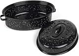 16 Inch Roasting Pan with Lid - Covered Oval Roaster - Enamel Carbon Steel Roaster Pot - Excellent Heat Distribution and Non-sticky - for Turkey Chicken Meat & Vegetables -Birthday and Holiday gifts