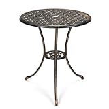 SunnyFurn 24" Outdoor Round Patio Bistro Table, Cast Aluminum Outdoor Cafe Table with 2 inch Umbrella Hole for Porch,Backyard,Garden, (Classic Square Pattern, Brown)