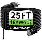 HUANCHAIN Indoor Outdoor Black Extension Cord 25 ft Waterproof, 16/3 Gauge Flexible Cold-Resistant Appliance Cable Outside, 13A 1625W 16AWG SJTW, 3 Prong Electric Cord, ETL