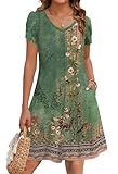 Zeagoo Bohemian Sundresses Short Sleeve Beach Dress Casual Dresses Spring Knee Length Dress Cute A Line Style Summer Sundresses with Pockets Green Print M
