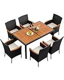Flamaker 7 Piece Patio Dining Set Outdoor Acacia Wood Table and Chairs with Soft Cushions Wicker Patio Furniture for Deck, Backyard, Garden