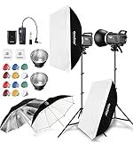 2pcs Godox MS300 600W Studio Strobe Flash Kit Bowens Mount Lighting,2.4G Wireless GN58 5600K Monolight with 150W Modeling Lamp,RT-16 Flash Trigger,Light Stands,Softbox,Umbrellas,Reflectors