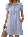 ANRABESS Womens Summer Shirt Dresses, Blue White Stripe, S