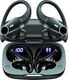 Active Noise Cancelling Earbuds Wireless Bluetooth Headphones 80H Playtime LED Power Display Charging Case Over Ear Hooks Ear Buds with Hi-Res Sound & Clear Calls for Sports Running Gym Workout Black