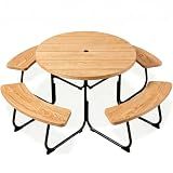 bajingshanhu Brown Heavy-Duty Circular Outdoor Picnic Table Seats 8 4 Attached Built-in Benches, Center Umbrella Hole, 2000 LBS Large Weight Limit for Patio Garden Backyard