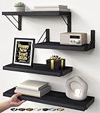 BAYKA Wall Mounted Floating Shelves, Wood Floating Wall Shelf for Books & Decor, Small Space-Saving Display & Organizer（Black，Set of 4）