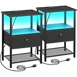 LOAKEKEL Night Stand Set 2, LED Nightstand with Charging Station, End Tables Living Room with Fabric Drawer, Small Side Tables for Bedroom, Small Space, Black, HETS01BK