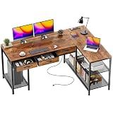 PRAISUN 55 Inch L Shaped Office Desk with Power Outlets and Type-C Port, Large Computer Gaming Desk with 3 Fabric Drawers, Mesh Shelves, Corner Study Work Writing Desk, Rustic Brown