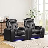 ANJ Power Home Theater Seating Set of 2, PU Leather Electric Recliner Chair with Powered Headrest, Dual Motors Movie Reclining Chairs with LED Lights,USB Port, Cup Holders, Hidden Arm Storage (Black)