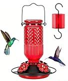 FEED GARDEN Glass Hummingbird Feeder, 16oz Outdoor Hanging Bird Feeder with Ant Moat, 4 Bee-Proof Feeding Ports, 360° Perch, Leak-Proof, Red