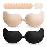 Cmojsk Strapless Sticky Push-Up Bra for Women,Adhesive Invisible Backless Nipple Covers,2 Pair Black/Beige