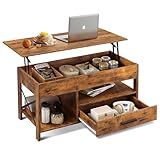 WLIVE Coffee Table, 39" Lift Top Coffee Table with Hidden Compartment, Storage Drawers and Storage Shelf for Living Room, Reception Room, Rustic Brown