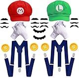 ratote Mary and Luigi Costume Set – Halloween Cosplay Accessories Kit with Hats, Gloves, Suspenders,Buttons, Mustaches – Funny Couple Outfits for Adult Men and Women