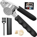 GORILLA GRIP Garlic Press and Peel Set, Heavy Duty Mincer Tool, Easily Mince and Crush Garlics, Ginger, Nuts, Seeds, Large Ergonomic Handle, Peeler Included for Peeling Cloves, Kitchen Gadgets, Black