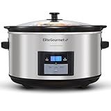 Elite Gourmet MST-900D 8.5Qt Digital Programmable XL Jumbo Slow Cooker, Adjustable Temp, Entrees, Sauces, Stews & Dips, Dishwasher Safe Glass Lid & Crock, Stainless Steel