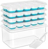 DOQAUS Ice Cube Tray with Lid and Bin, 4 Pack Silicone Plastic Ice Cubes Trays for Freezer with Box/Container, Stackable with Storage Iced Bucket Kits, Scoop, for Soup, Food, Cocktail, Coffee