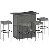 Outsunny 5 Piece Wicker Outdoor Bar Set with Glass Table Top Dark Gray