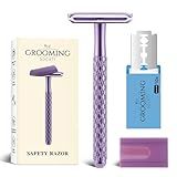 The Grooming Society Double Edge Safety Razor for Women Purple with 10 Blades and Silicone Cover - Durable Metal Eco-Friendly Single Blade Razor - Closed Smooth Shave