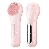 Silicone Face Scrubber, Facial Cleansing Brush with Heating and Vibration, Electric Waterproof Face Wash Brush with 5 Strength Adjustable for Exfoliating, Deep Cleaning, and Face Massaging (Pink)